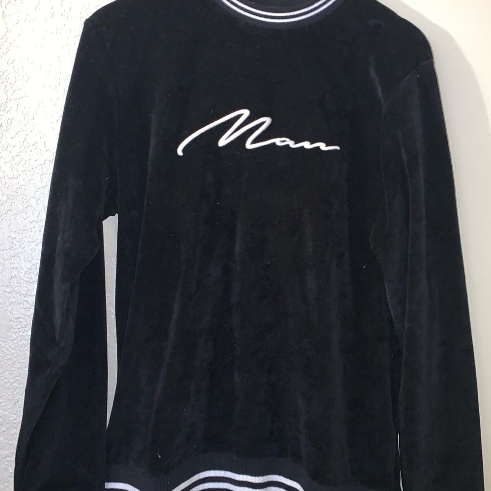 boohooMAN Black & White Velour Crewneck Sweatshirt